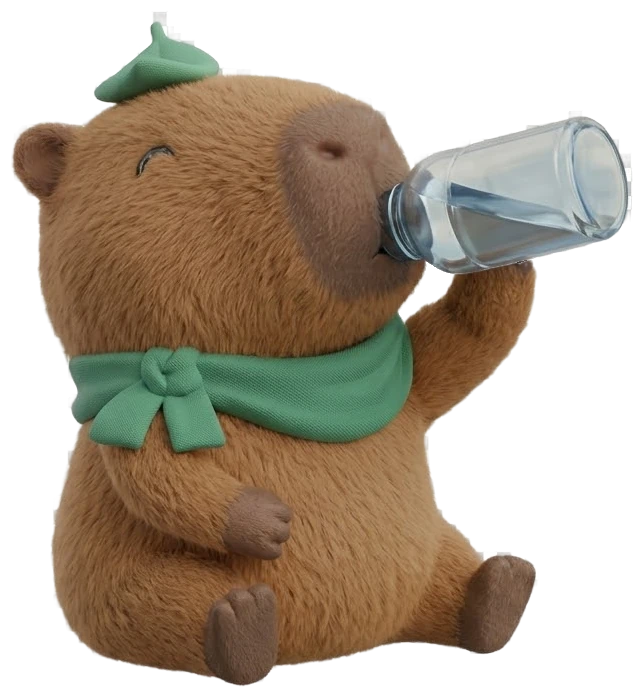 Capi, a capivara, bebendo água de uma garrafa