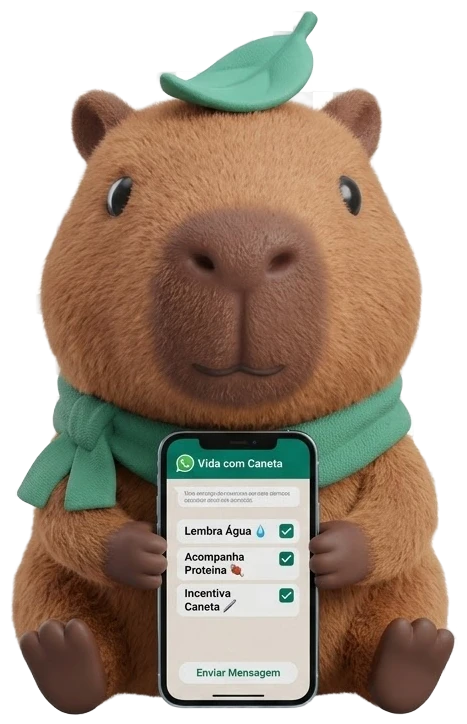 Capi, a capivara, segurando um celular com o WhatsApp aberto