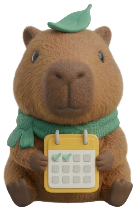 Capi, a capivara, segurando um calendário com dias marcados