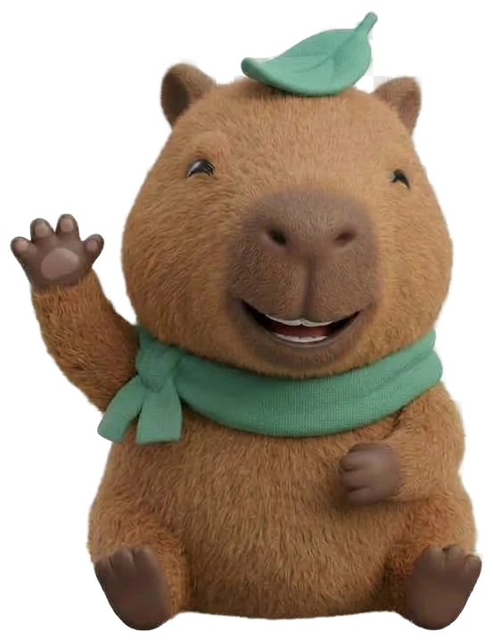 Capi, a capivara, sorrindo e acenando